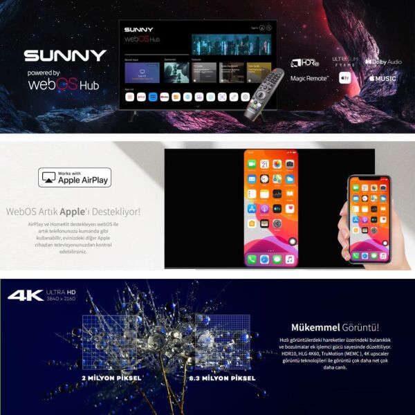 Sunny SN65FMN252 Frameless 65'' 164 Ekran 4K webOS 2.0 Smart Wifi Led TV