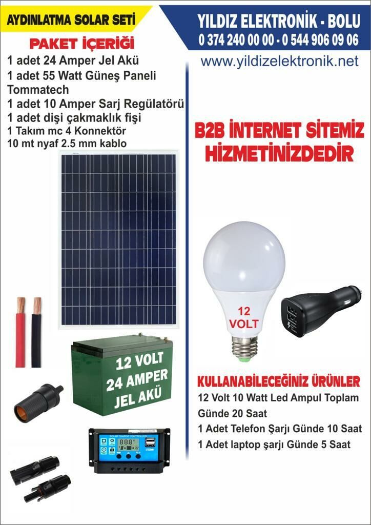 SOLAR AYDINLATMA SETİ- 50 WATT PANEL - 24 AMPER JEL AKÜ