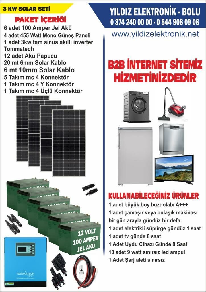 SOLAR 3 KW SET- 2180WATT PANEL - 600 AMPER JEL AKÜ - 3000WATT AKILLI TAM SİNÜS İNVERTER