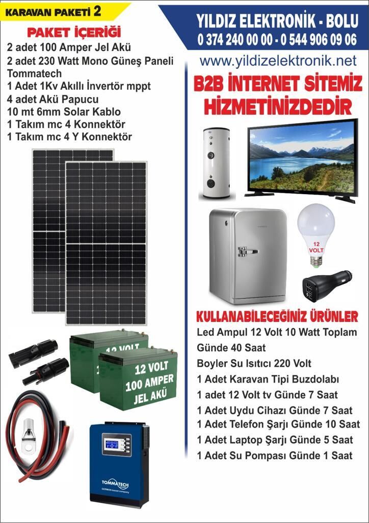 SOLAR KARAVAN PAKETİ 2- 410WATT PANEL - 200 AMPER JEL AKÜ - 1 KW MPPT AKILLI İNVERTER