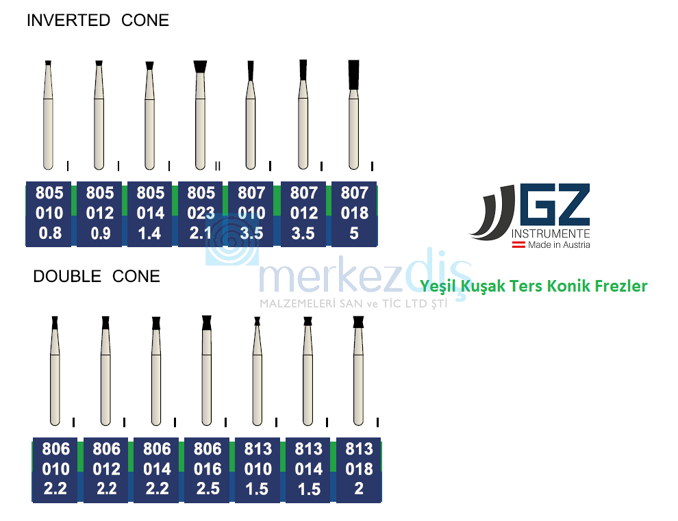 G&Z Yeşil Kuşak Elmas Ters Konik Frezler 6'lı