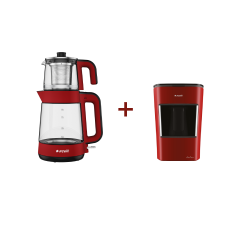 Arçelik Kırmızı Cam Çaycı ve Türk Kahve Makinesi Seti