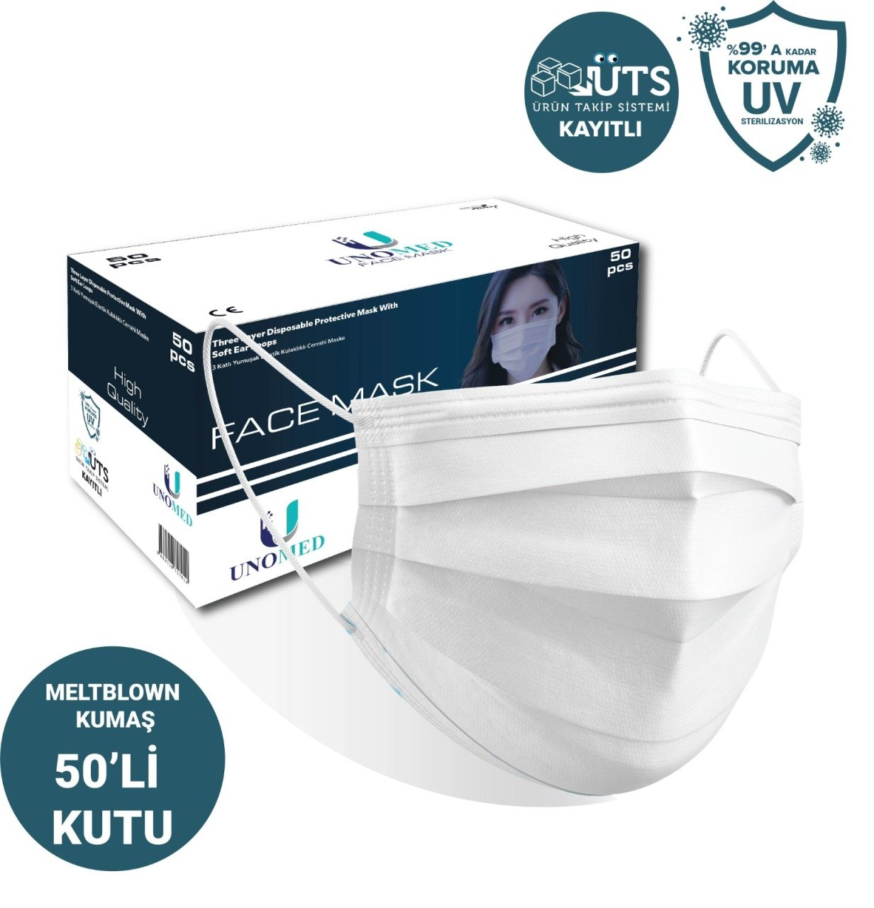 Unomed Maske Üts Kayıtlı / Meltblown / Beyaz / 50 Adet / 10'arlı Paketlerde