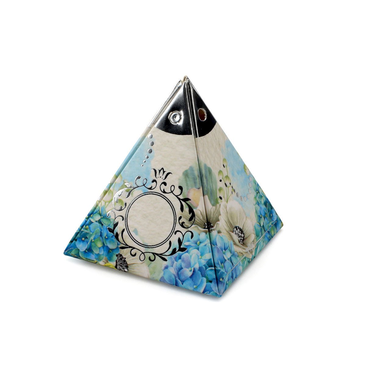 Mavi Çiçekli Gümüş Piramit Kutu