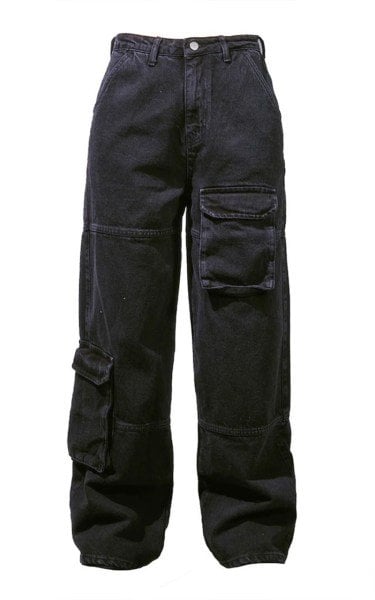 RECYCLED BLACK CARGO POCKET WIDE LEG JEAN