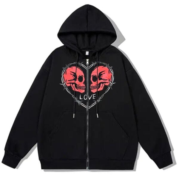 Love Skulls Baskılı Oversize Fermuarlı Siyah Unisex Kapüşonlu Hırka