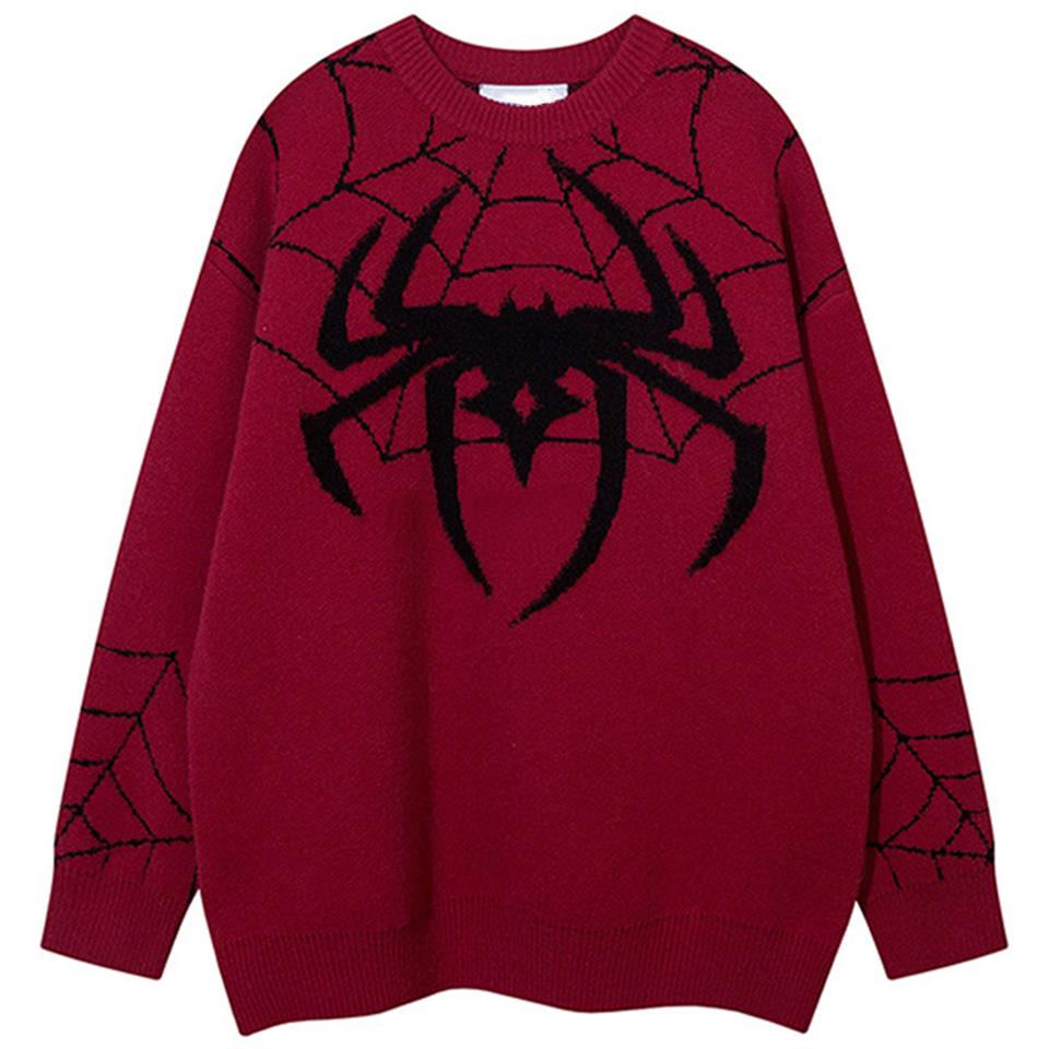 Y2K Streetwear Spider Web Oversize Unisex Kırmızı Kazak