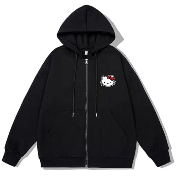 Hello Kitty Head Baskılı Oversize Fermuarlı Siyah Unisex Kapüşonlu Hırka