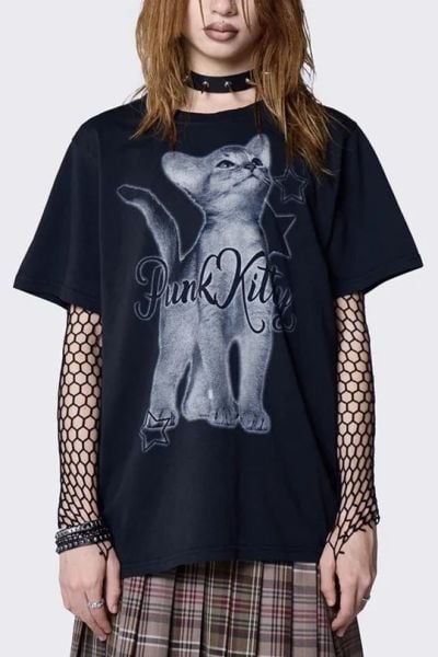 Siyah Unisex Punk Kitty Print T-Shirt