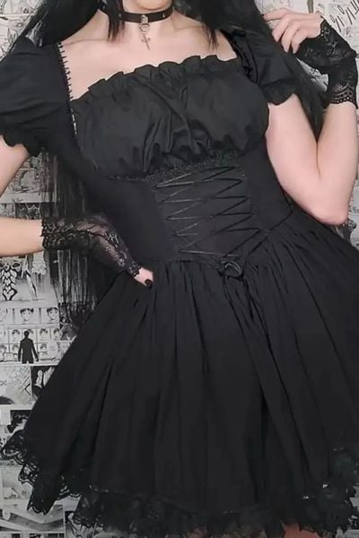 Siyah Kısa Kol Gothic Dantel Detaylı Elbise