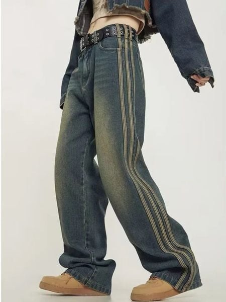 Y2k Vintage Çizgi Detaylı Yıkamalı Pantolon