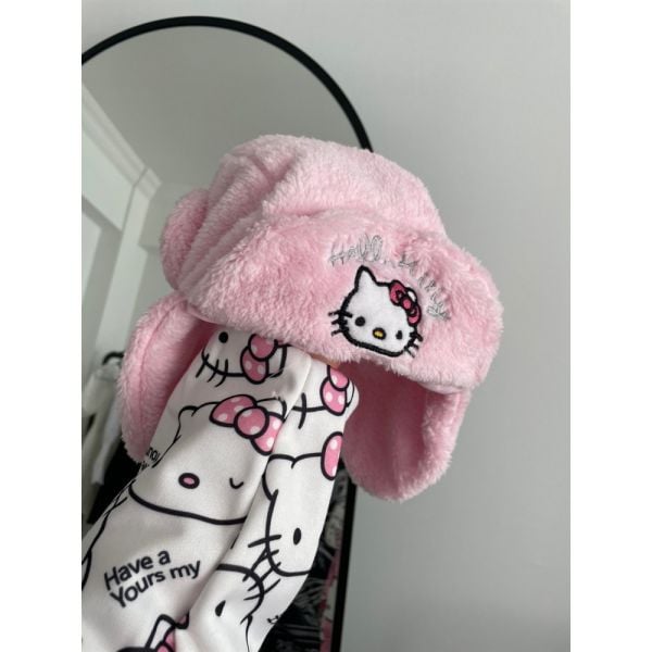 Hello Kitty Pembe Peluş Bomber Şapka