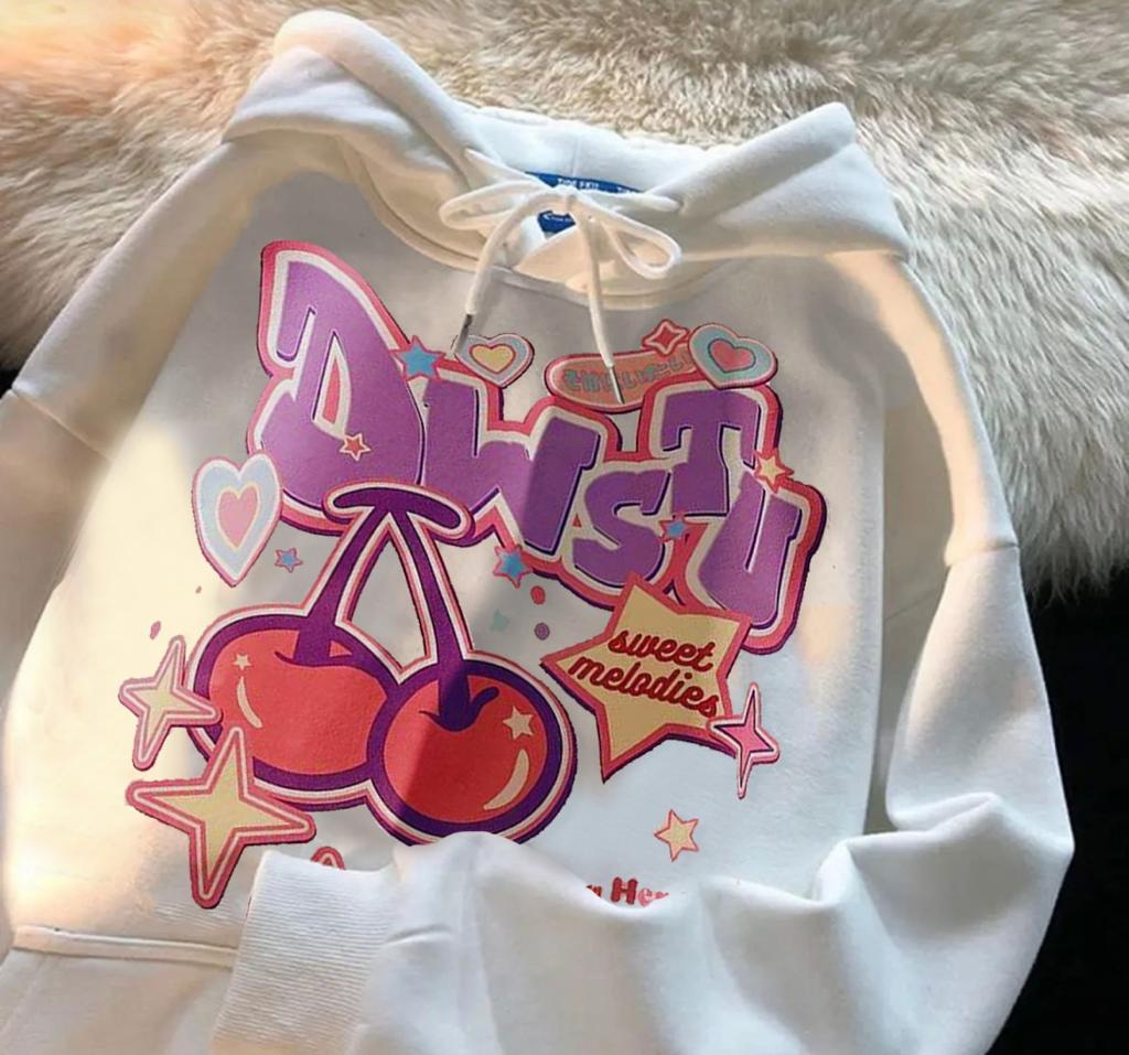 Cartoon Cherry Beyaz Kalın kumaş Kapşonlu ( Unisex )