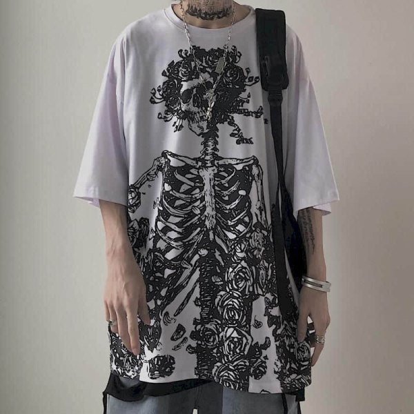Gothic Skeleton Prince of Roses Beyaz Oversize (Unisex) T-shirt