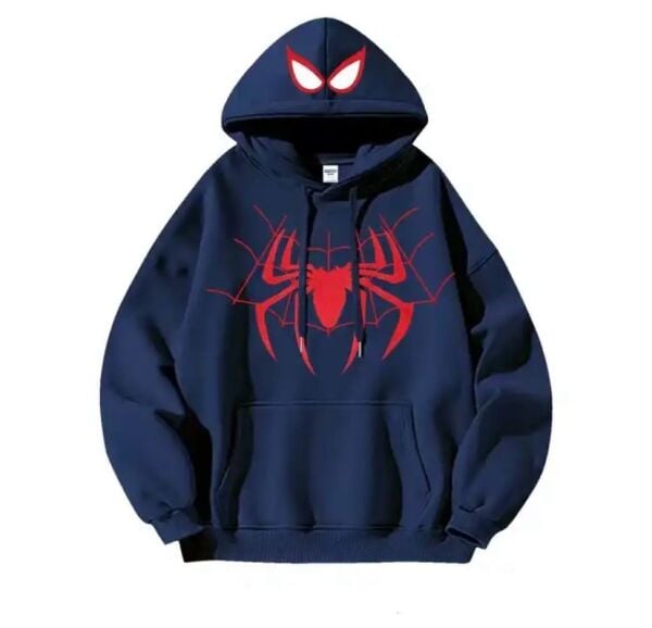 Lacivert Spider Maske Hoodie Kalın Kumaş Kapüşonlu Sweatshirt