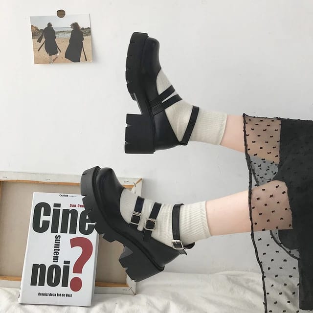 Siyah Oxford Harajuku Tarzı Tokalı Lolita Ayakkabı