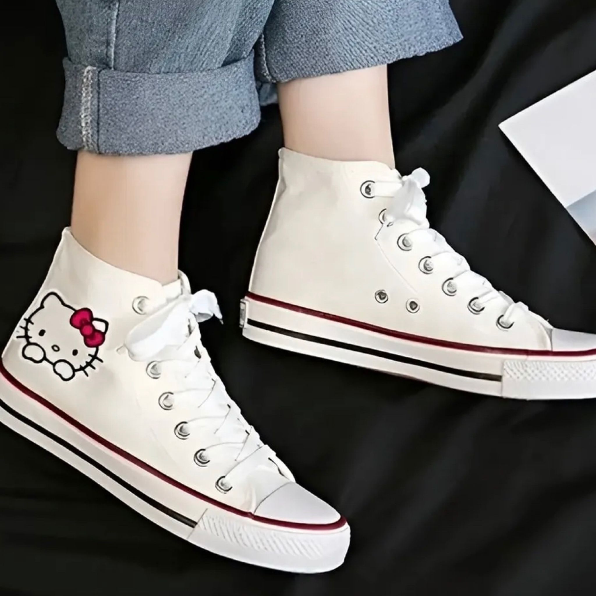 New White Hello Kitty Uzun Kanvas Ayakkabı