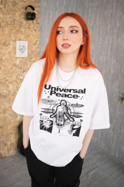 Beyaz Unisex Universal Peace Tişört