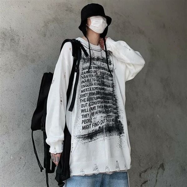 Vintage Harajuku Graffiti Desenli Unisex Oversize Ecru Kazak