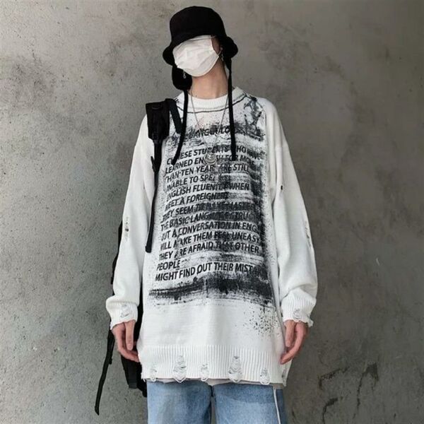 Vintage Harajuku Graffiti Desenli Unisex Oversize Ecru Kazak