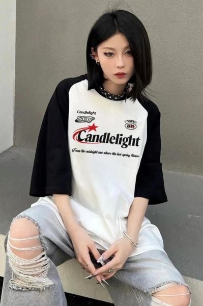 Beyaz Unisex Siyah Reglan Harajuku Candlelight Star T-Shirt
