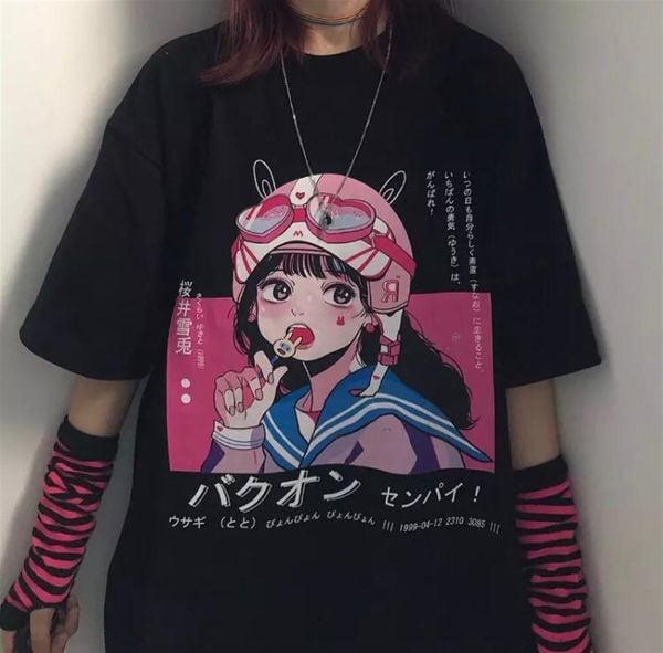 Anime Siyah Lolipop Girl Unisex Oversize Kalıp T-shirt