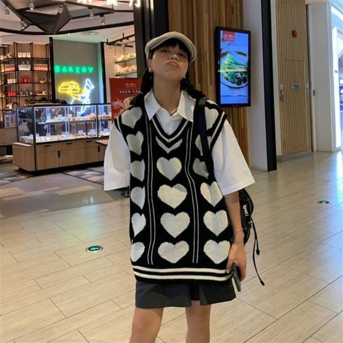 Kawaii Harajuku Kalp Desenli V Yaka Oversize Süveter