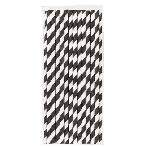 Siyah Çizgili Beyaz Kağıt Pipet 6mmx19,7cm