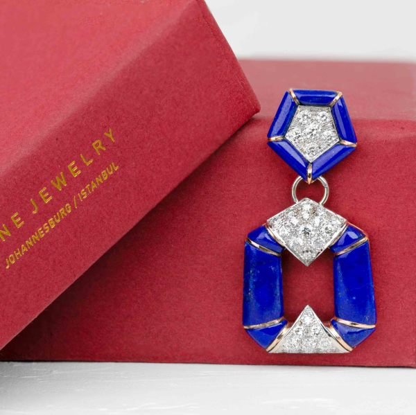 1,85 Karat Pırlantalı Özel Tasarım Artdeco Lapis Altın Küpe