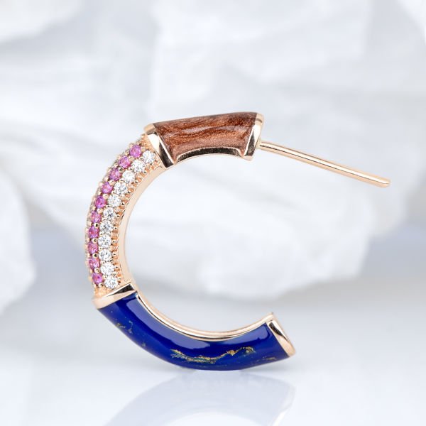 Pembe Safir ve Pırlanta Taşlı Art Deco Tasarım Altın Küpe, Bumble Colors Collection Earring