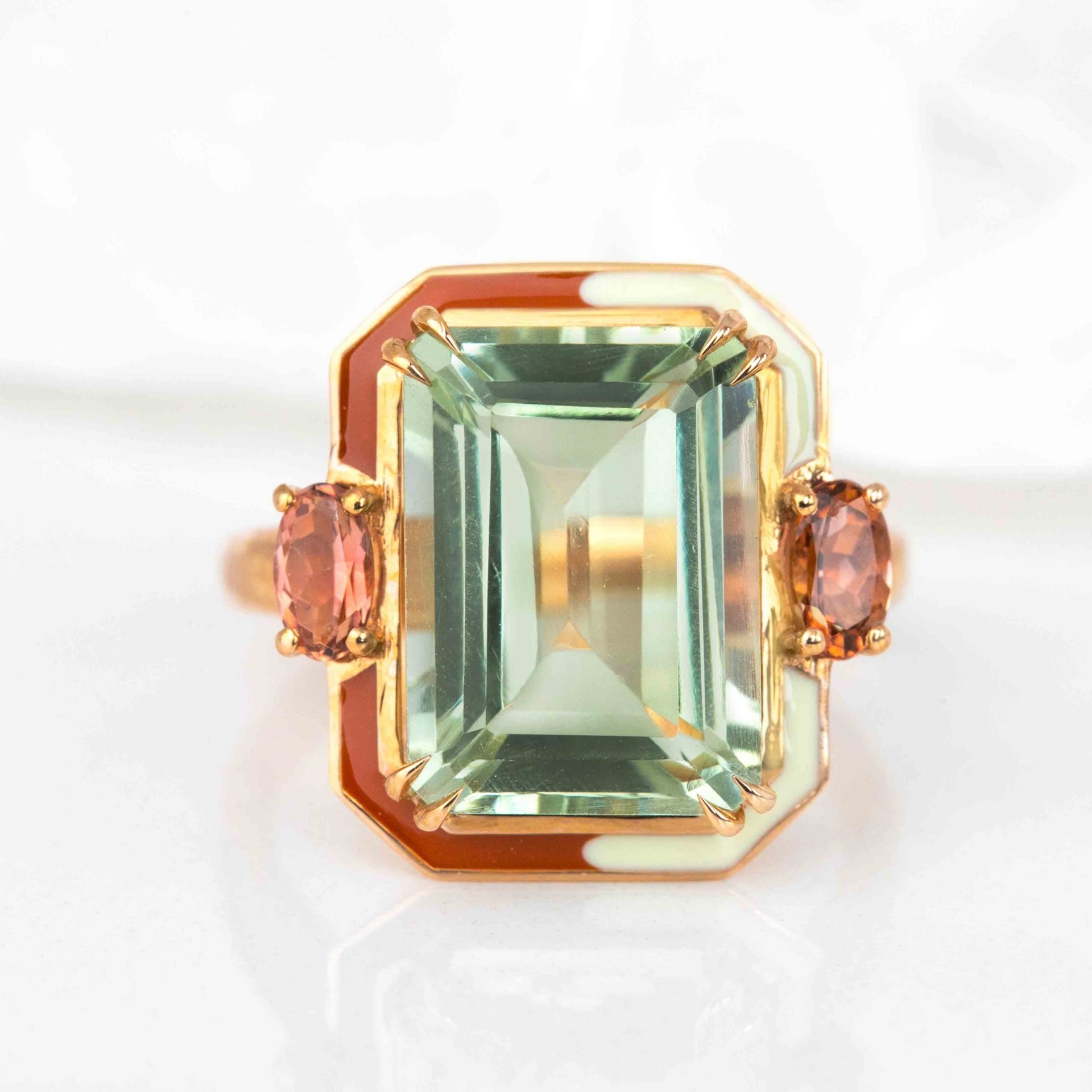 Yeşil Ametist ve Pembe Turmalin Taşlı Art Deco Tasarım Altın Yüzük, İstanbul Collection Rings