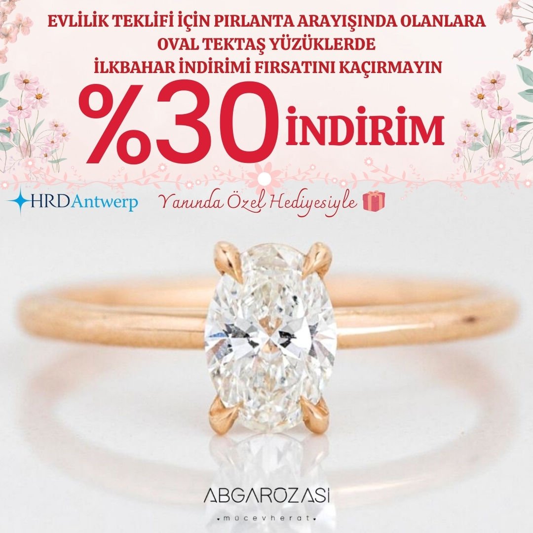 0,46 Karat (F-SI2) Oval Kesim HRD Sertifikalı Pırlanta Tektaş Yüzük