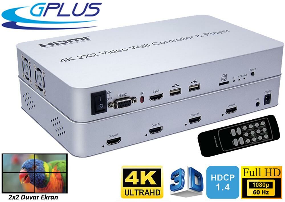Gplus 4KVW244P 2x2 Video Wall Controller Duvar Ekran Genişletici