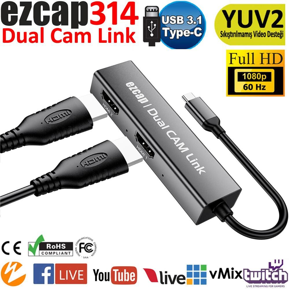 Ezcap314 Dual Cam Link Çift Giriş HDMI 1080P 60Hz Video Capture Kartı 2 Giriş 1 Çıkış Kayıt Cihazı