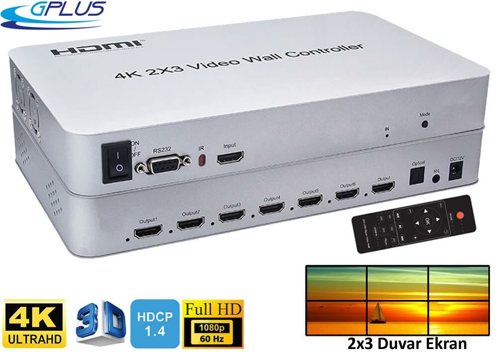 Gplus 4KVW342 4K 2x3 Video Wall Controller HDMI Duvar Ekran Switch