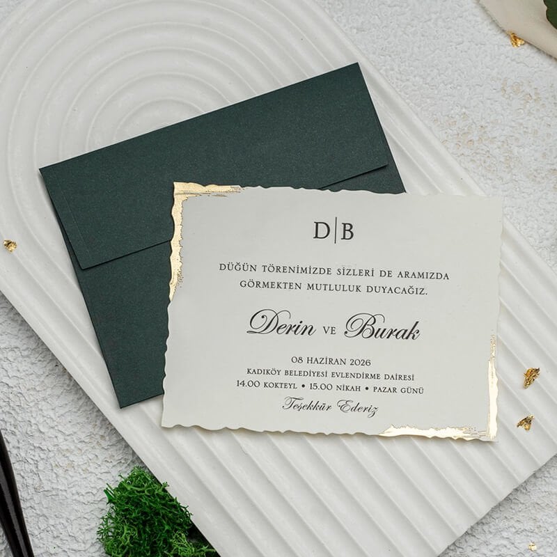 Yeşil Zarflı Dalgalı Kesim Modern Düğün Davetiyesi Ekn-4776