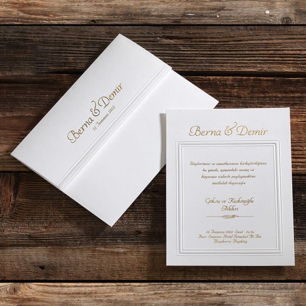 Düğün Davetiyesi Er-4048 | Beyaz Çizgili Tuale Kartondan Kapaklı Zarflı Kabartma Çerçeveli Modern Vip Lüks Davetiye