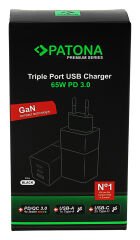 Patona 2640 Premium GaN PD65W Adapter 2xUSB-C 1xUSB-A PD3.0 QC3.0