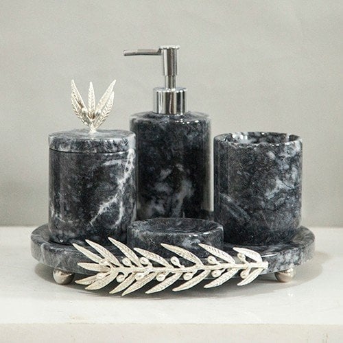 Gümüş Zeytin Figürlü Bursa Siyah 5li Banyo Seti