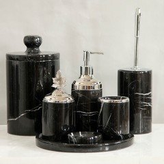 Yeni Model Toros Siyah Mermer 7li Banyo Seti (Gümüş Aksesuar)