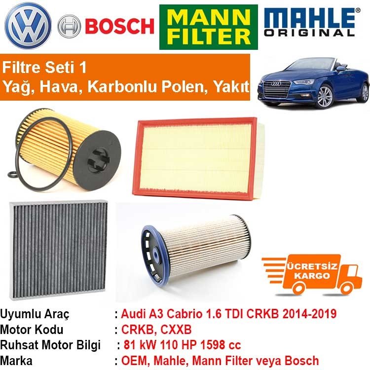 Audi A3 Cabrio 1.6 TDI CRKB 2014 - Filtre Bakım Seti ORJİNAL