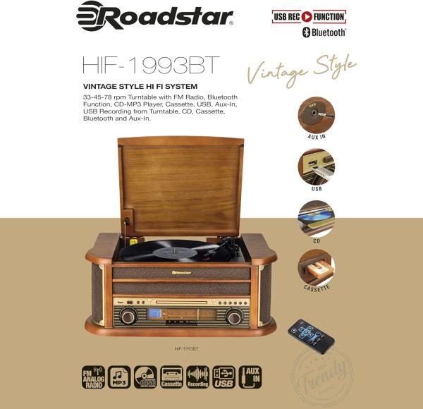 Roadstar HIF-1993BT -  Retro Ahşap HiFi Sistemi kaset  (Bluetooth, FM, CD) Renkli Ahşap