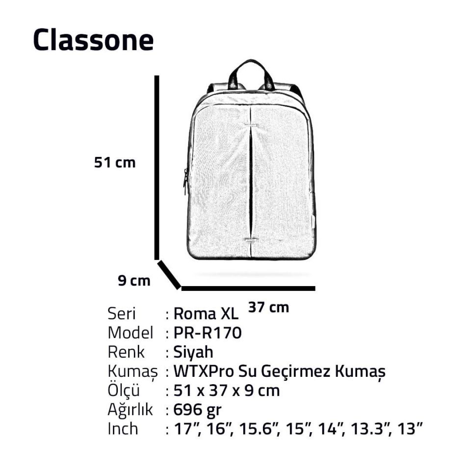 PR-R170 Roma Serisi 17'' Uyumlu Wtx Pro Su Geçirmez Kumaş Laptop Notebook