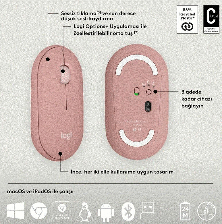 Pebble 2 Multi-Device Bluetooth Klavye Mouse Seti Pembe