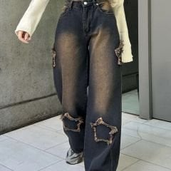 Yıldız Temalı Kahverengi Y2K Stars Patch Detay Jeans Pantolo