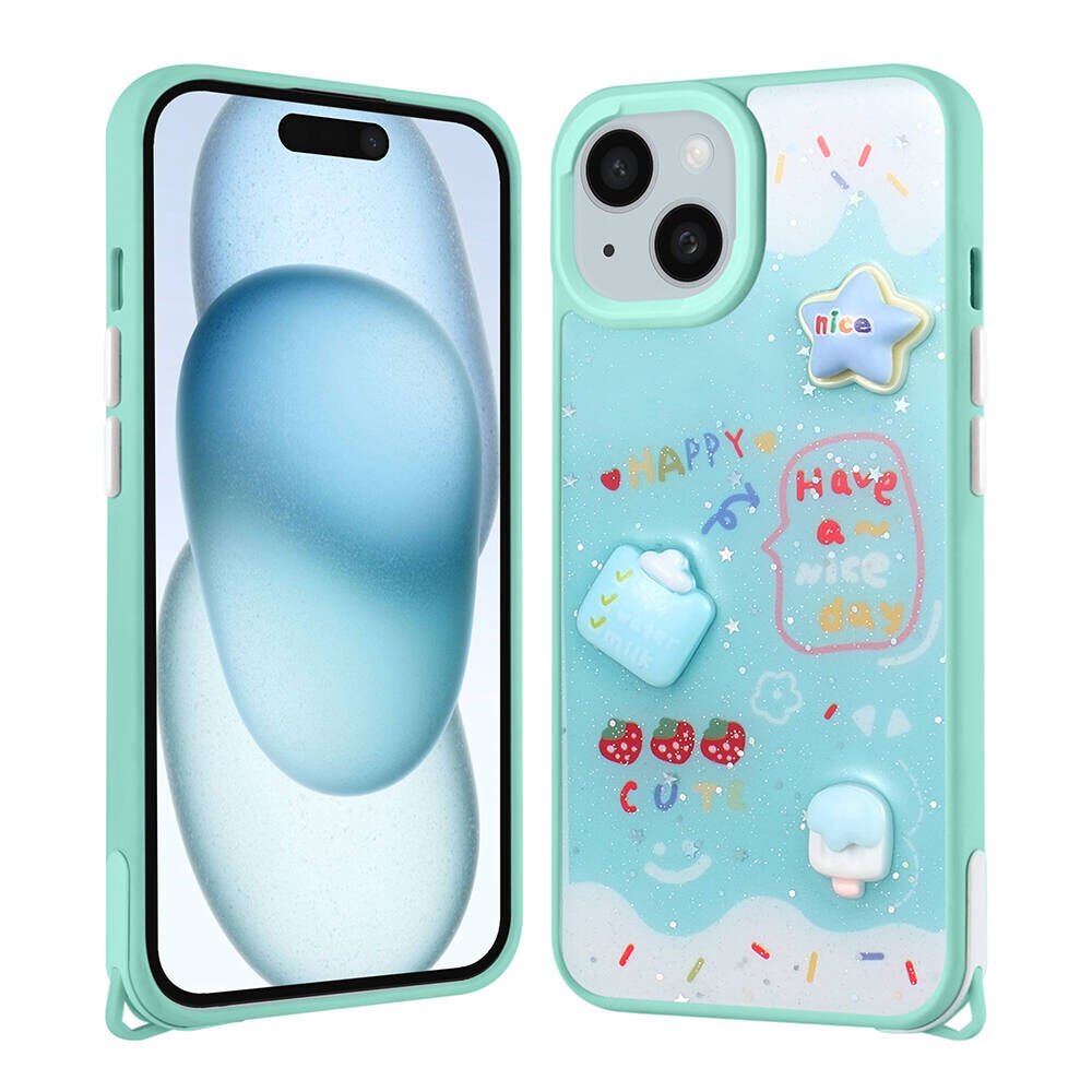 iPhone 15 Plus Kılıf Parlayan Simli Kabartma Figürlü Cevze Kapak