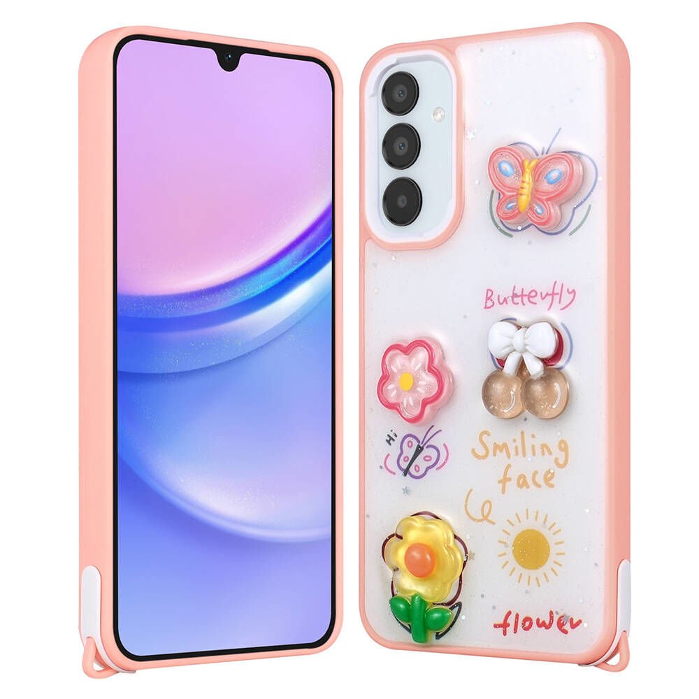 Samsung Galaxy A15 Kılıf Parlayan Simli Kabartma Figürlü Cevze Kapak