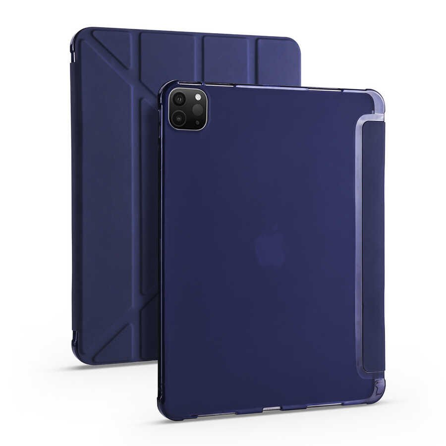 iPad Pro 12.9 2020 (4.Nesil) Kılıf Tri Folding Kalem Bölmeli Standlı Kılıf Lacivert