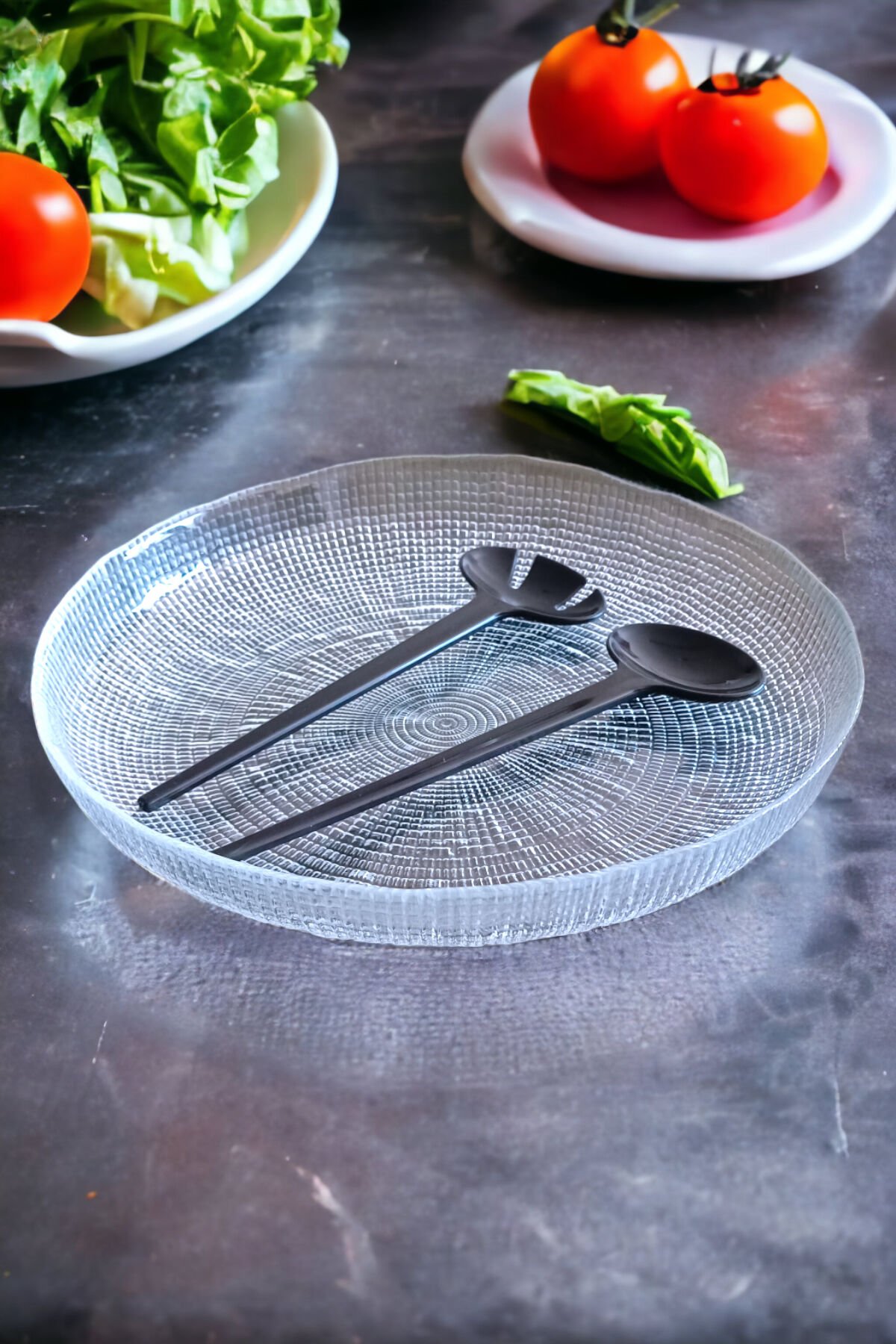 Kaşıklı Cam Salata Tabağı Kasesi Enzo 28cm Büyük Boy