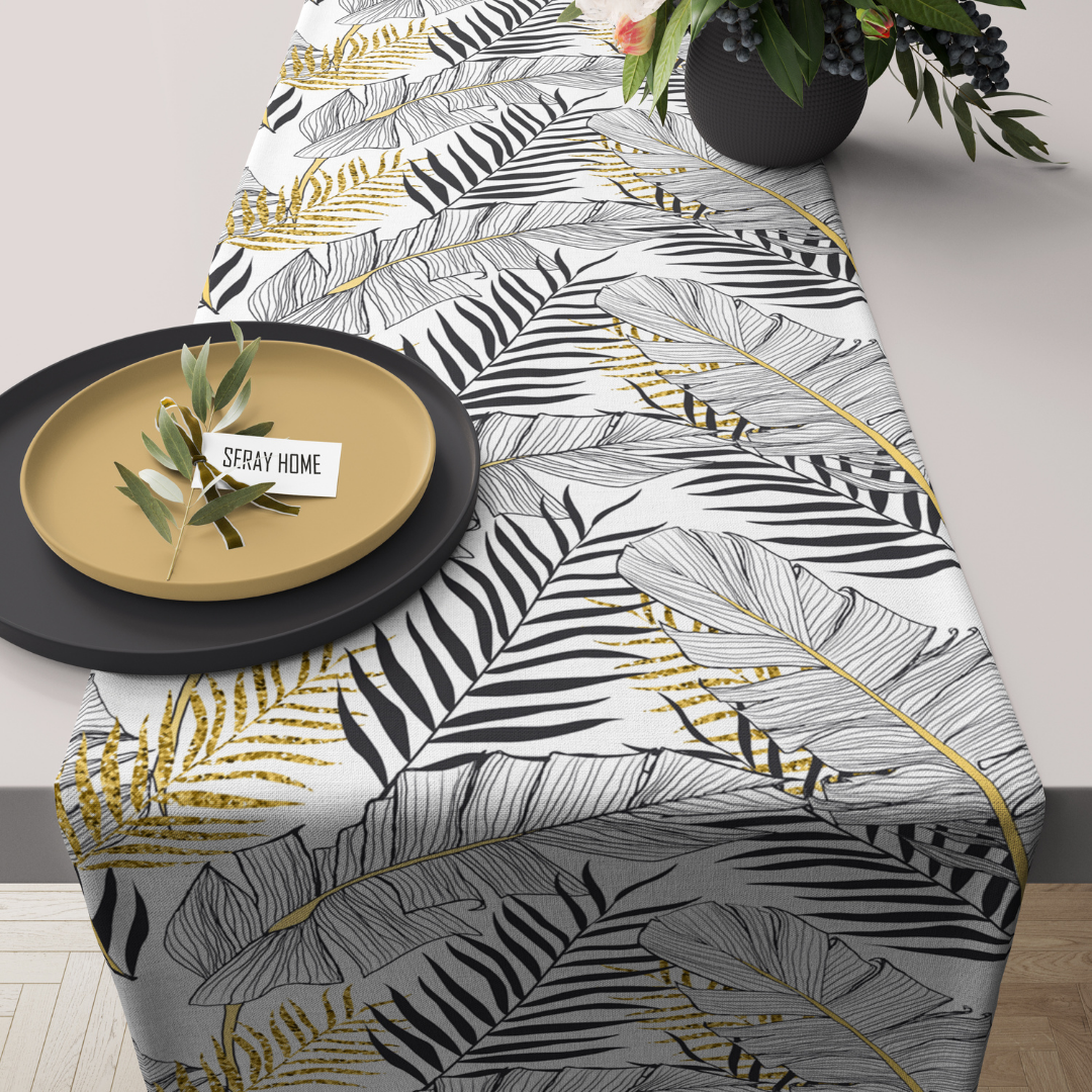 Siyah Gold Yaprak Desenli Krem Zeminli Kadife Runner 45x150 cm